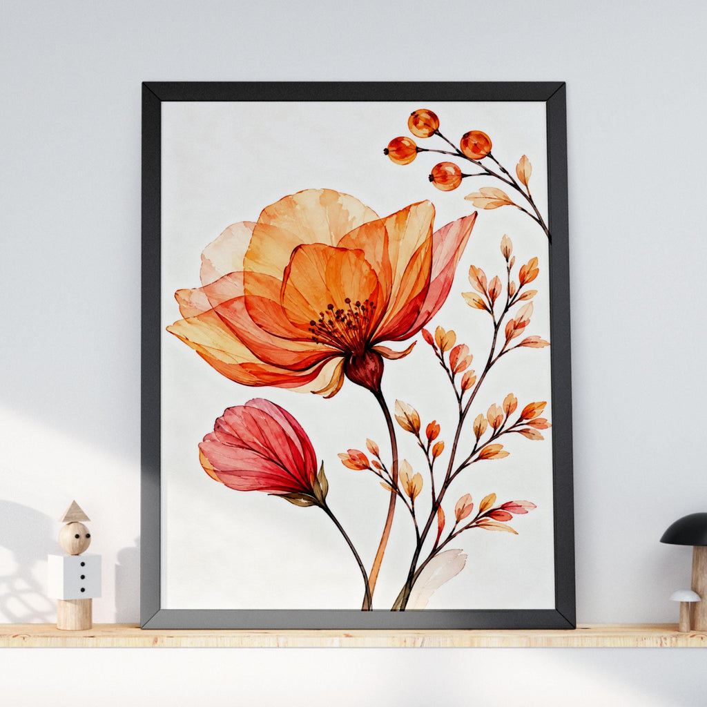 Peach Coral Watercolour Flower Print, Botanical Floral Art, Orange Blossom Poster (Physical Print)
