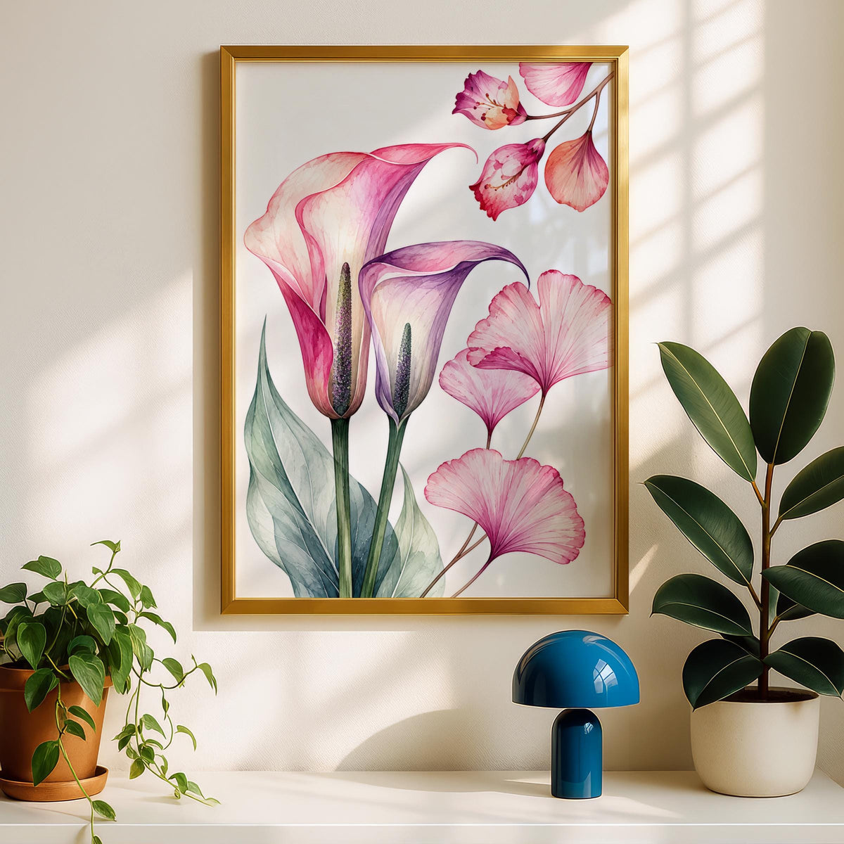 Pink Calla Lily Watercolour Print, Ginkgo Leaf Botanical Art (Ready to Display)