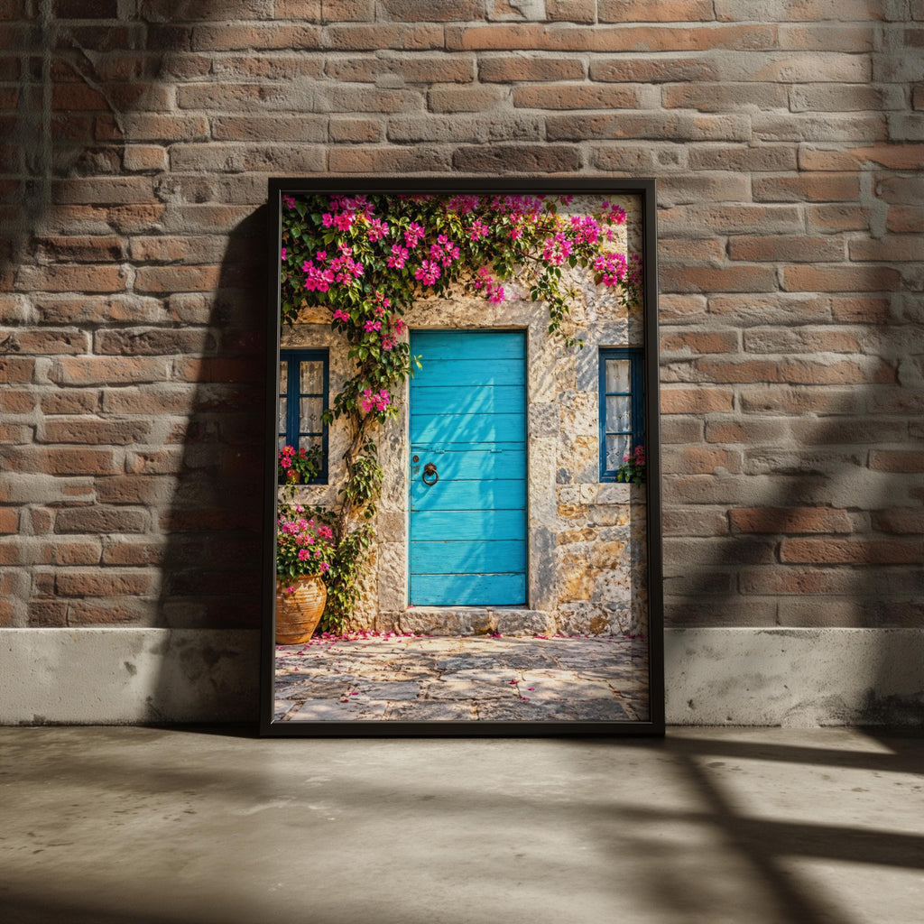Turquoise Door Bougainvillea Print, Mediterranean Village Wall Art (Poster)