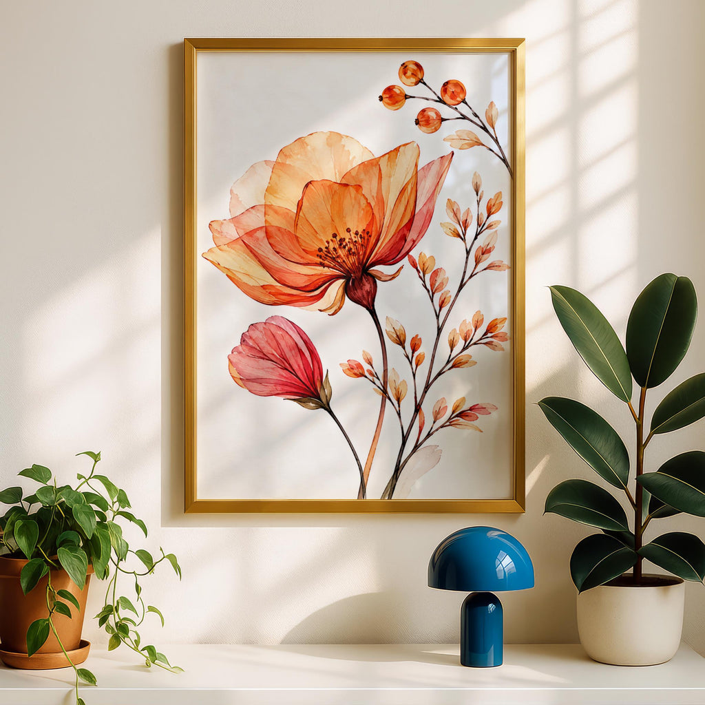 Peach Coral Watercolour Flower Print, Botanical Floral Art, Orange Blossom Poster (Physical Print)