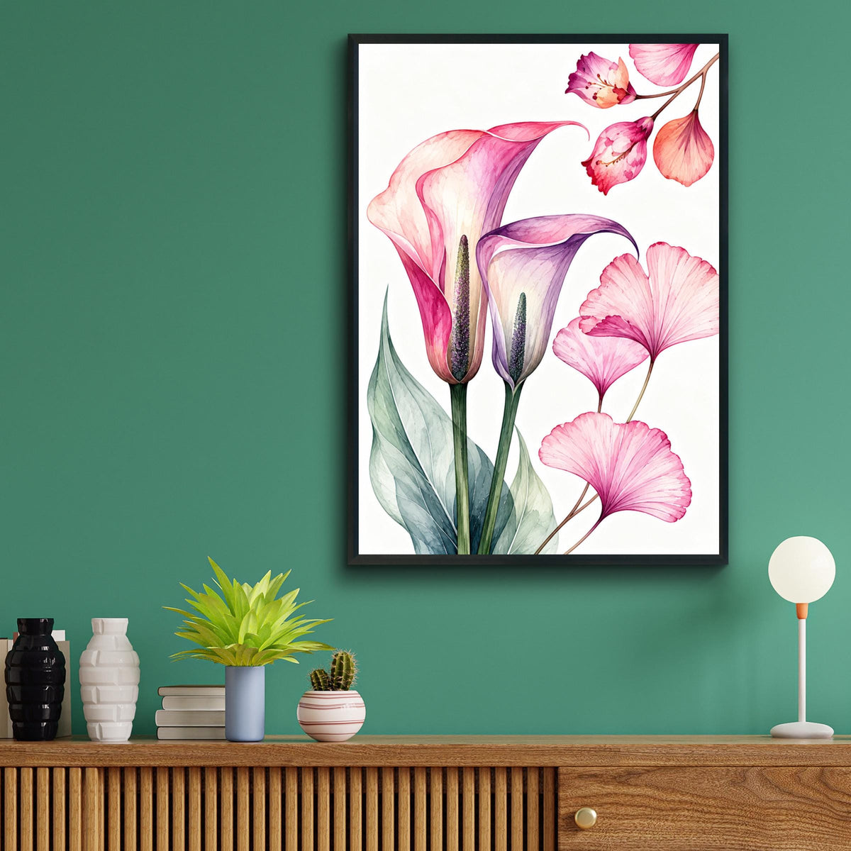 Pink Calla Lily Watercolour Print, Ginkgo Leaf Botanical Art (Ready to Display)