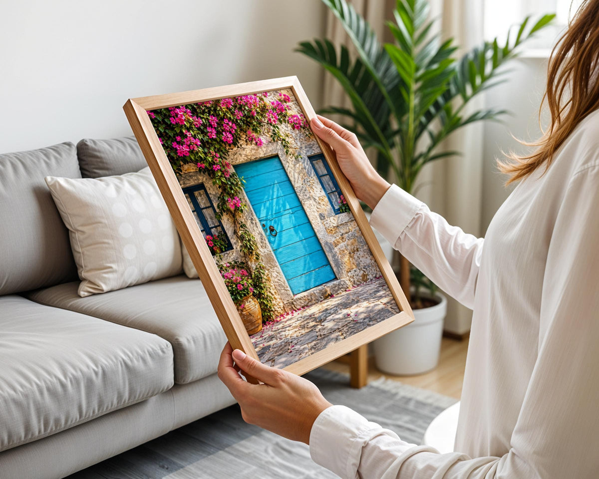 Turquoise Door Bougainvillea Print, Mediterranean Village Wall Art (Poster)
