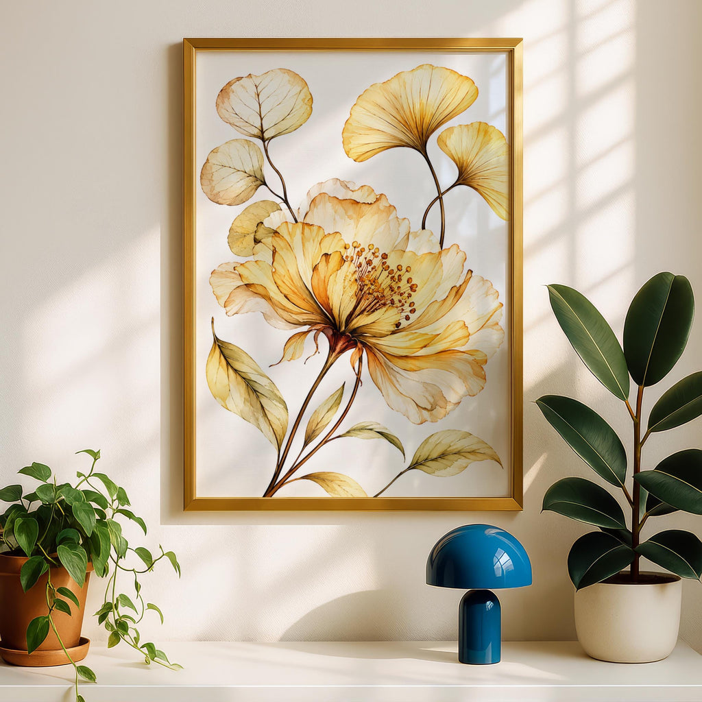 Golden Peony Ginkgo Leaf Watercolour Print, Amber Botanical Wall Art (Ready to Frame)