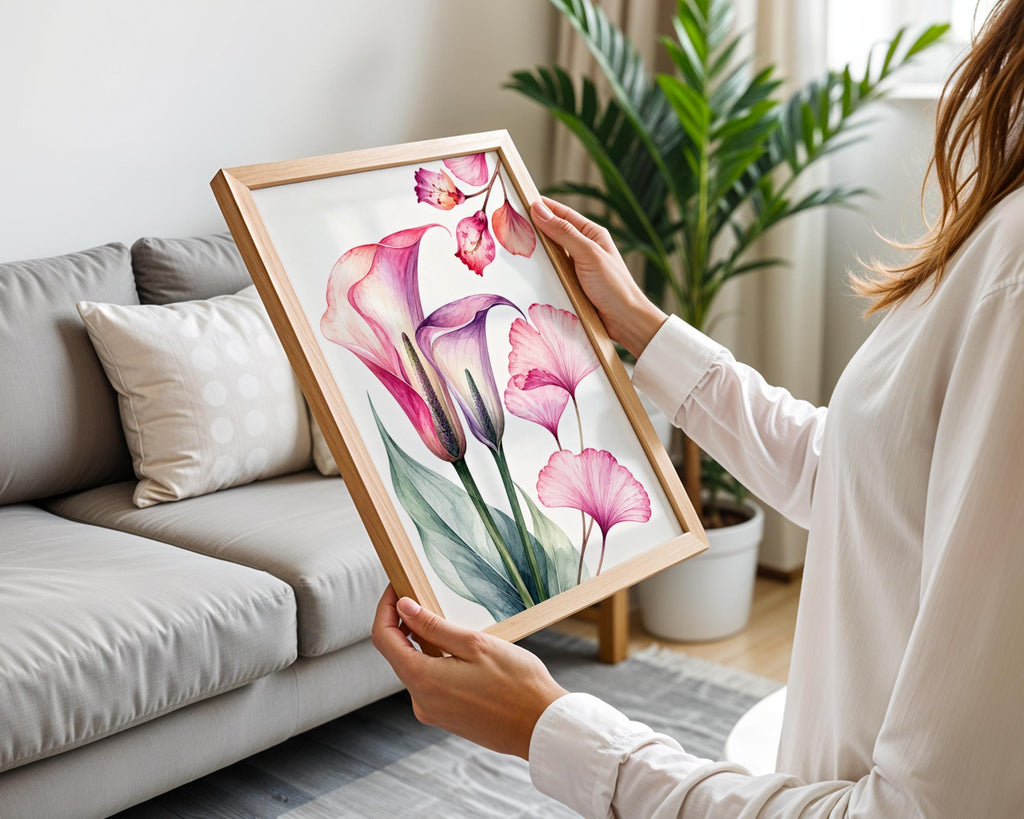 Pink Calla Lily Watercolour Print, Ginkgo Leaf Botanical Art (Ready to Display)
