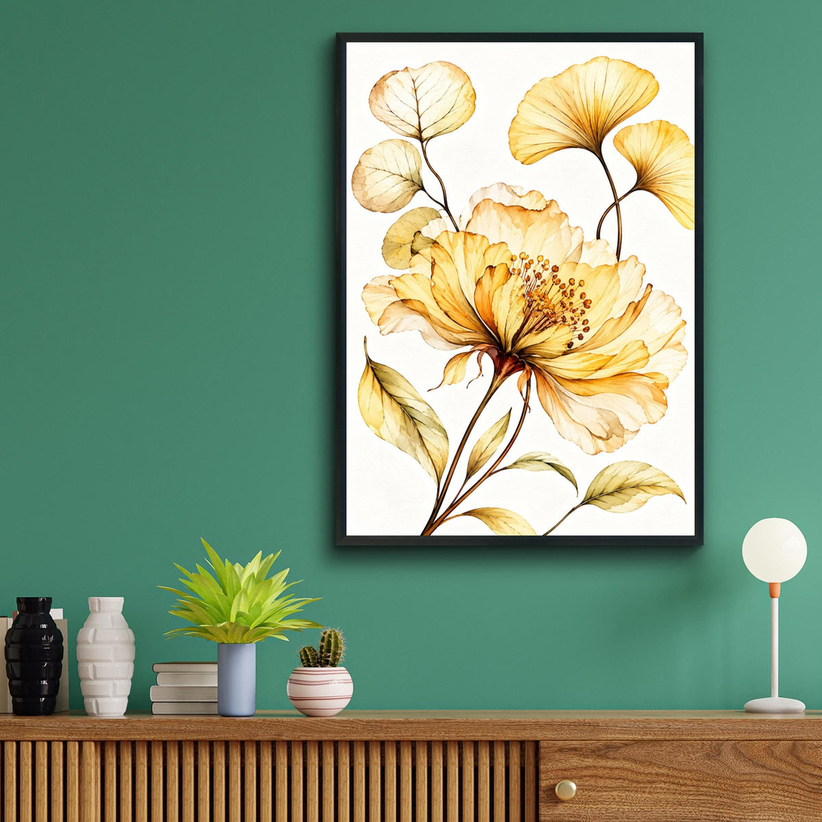 Golden Peony Ginkgo Leaf Watercolour Print, Amber Botanical Wall Art (Ready to Frame)