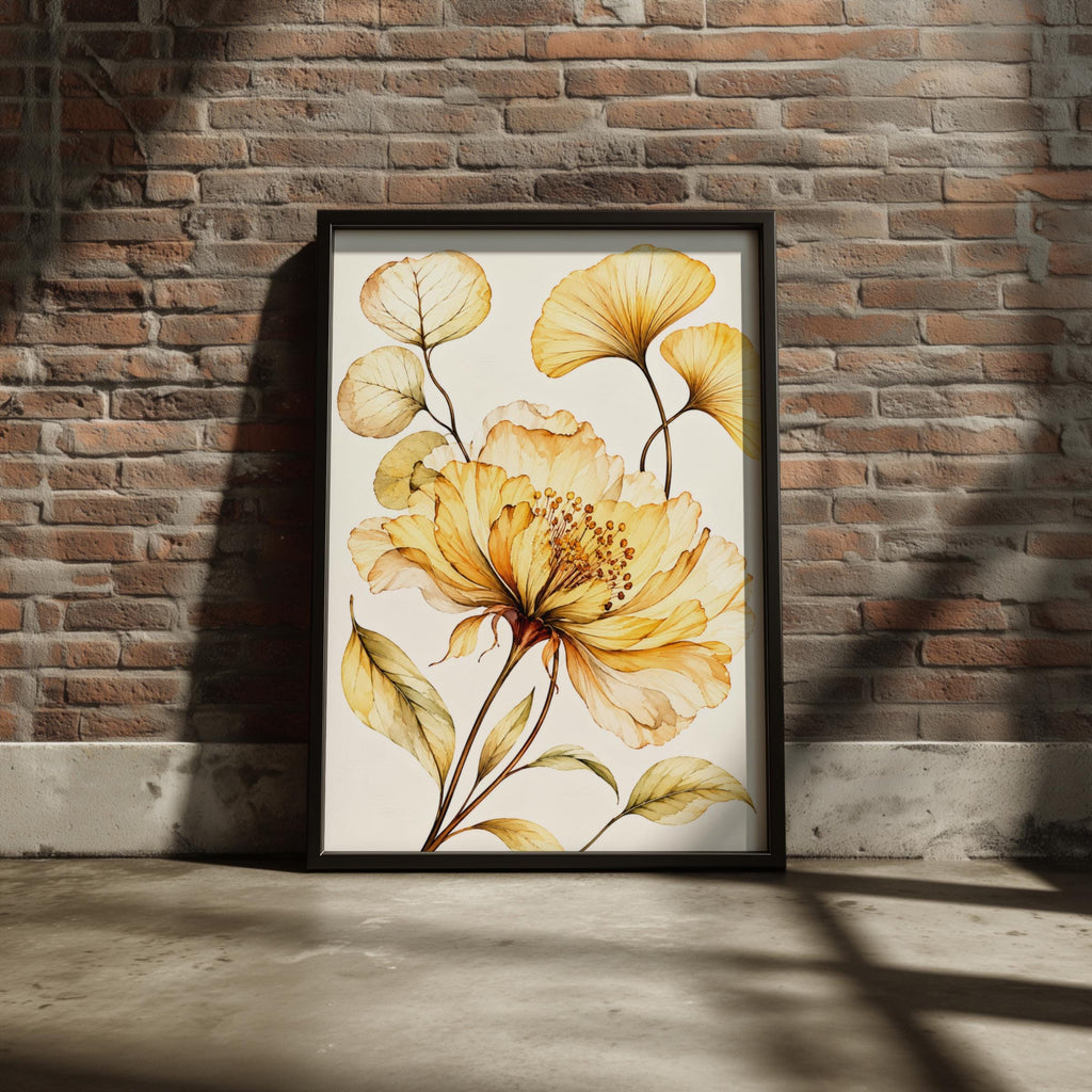 Golden Peony Ginkgo Leaf Watercolour Print, Amber Botanical Wall Art (Ready to Frame)