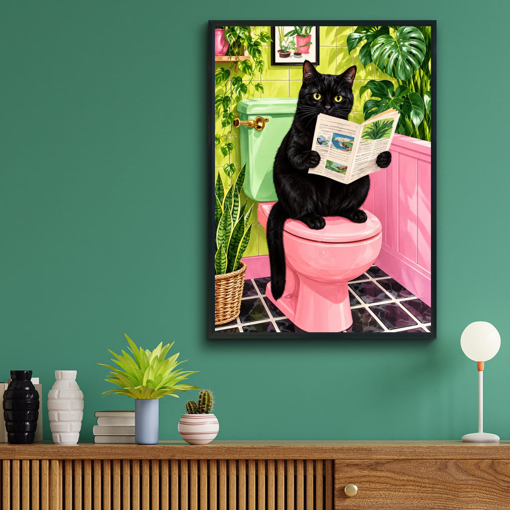 Black Cat Reading Newspaper on Pink Toilet, Retro Bathroom Art (Print)