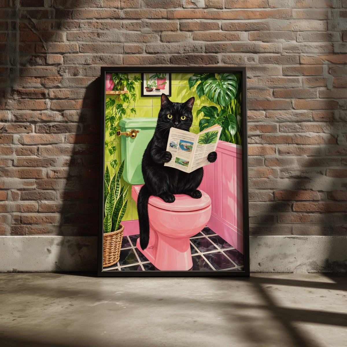 Black Cat Reading Newspaper on Pink Toilet, Retro Bathroom Art (Print)