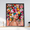 Floral Woman Portrait Print, Colourful Flower Crown Poster, Maximalist Botanical Wall Art