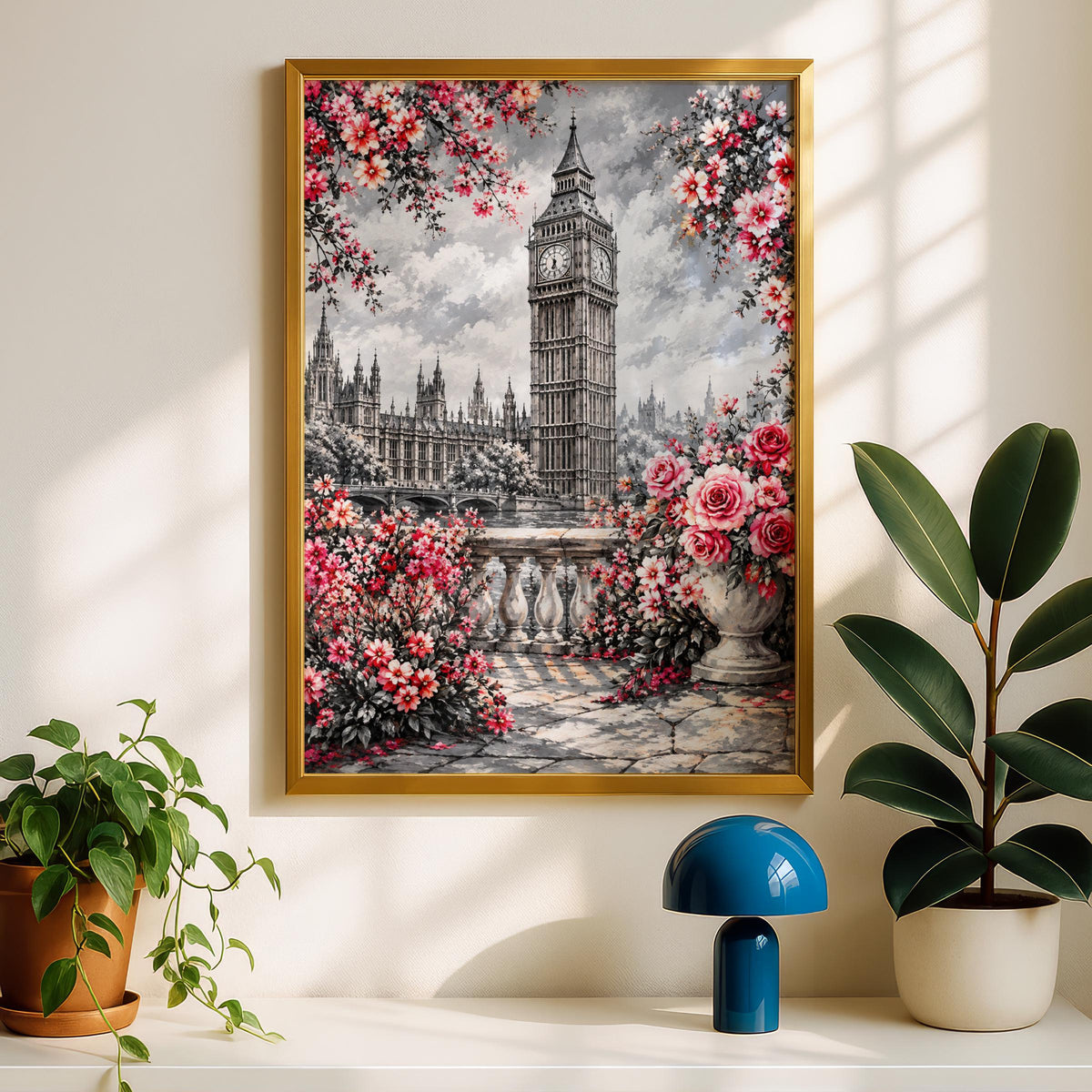 Big Ben London Art Print, Red Roses, Cherry Blossoms, UK Travel Decor (Poster)
