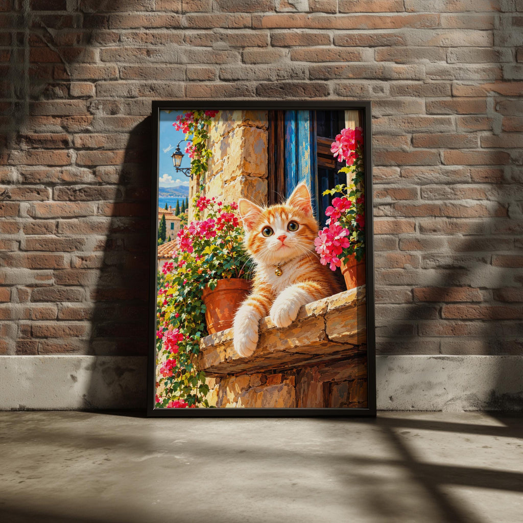 Ginger Kitten Geranium Poster, Mediterranean Village, Floral Cat Lover Gift (Print)
