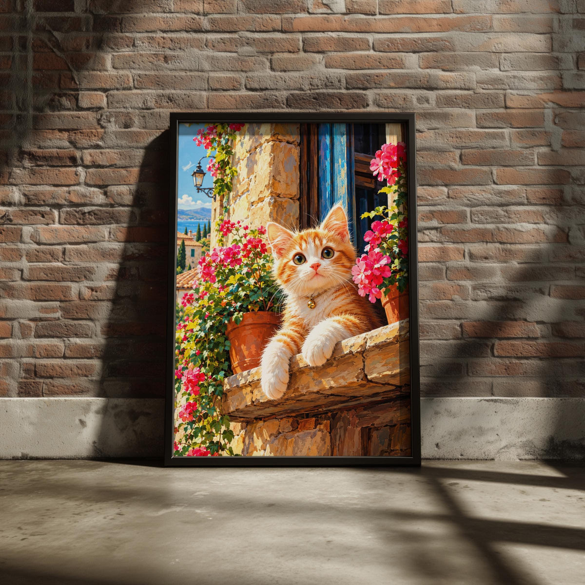 Ginger Kitten Geranium Poster, Mediterranean Village, Floral Cat Lover Gift (Print)