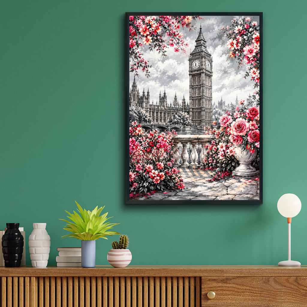 Big Ben London Art Print, Red Roses, Cherry Blossoms, UK Travel Decor (Poster)