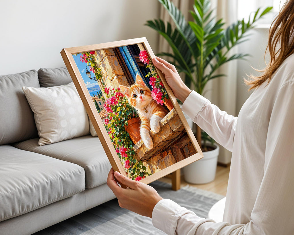 Ginger Kitten Geranium Poster, Mediterranean Village, Floral Cat Lover Gift (Print)
