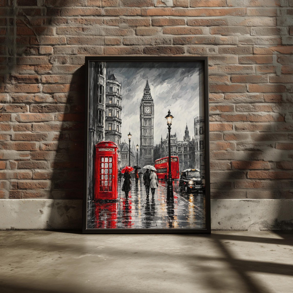 London Rain Street Scene Poster, Big Ben, Red Telephone Box, Black White Red Wall Art
