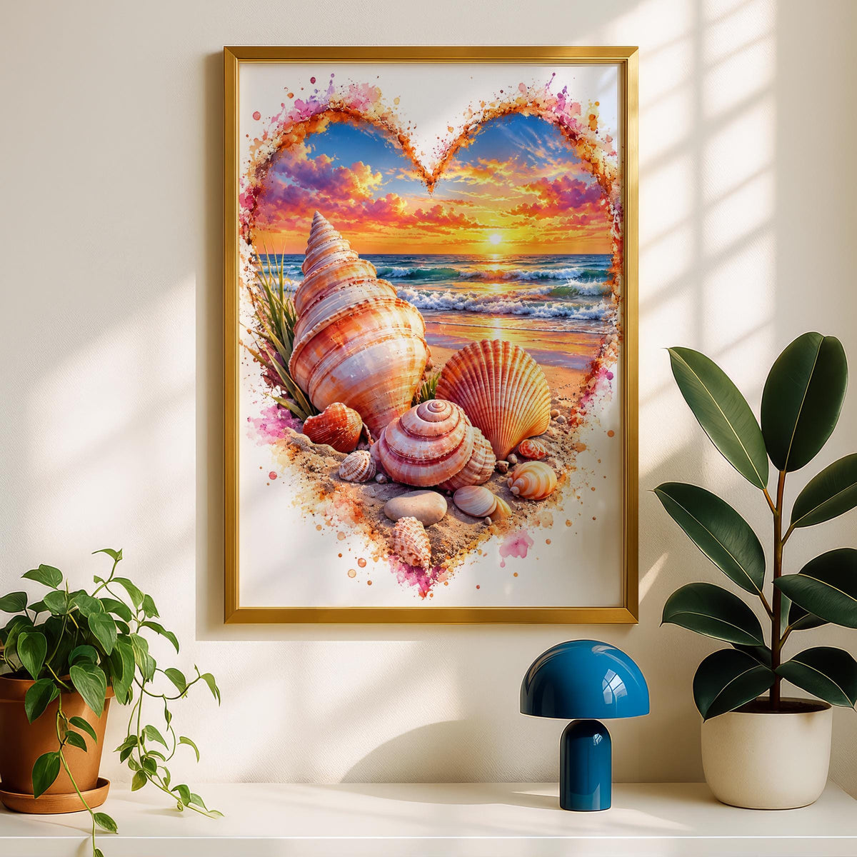 Seashell Heart Sunset Beach Poster, Watercolour Coastal Wall Art Print (Digital Download)
