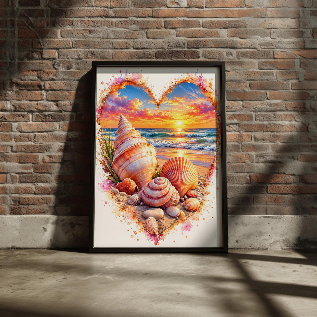 Seashell Heart Sunset Beach Poster, Watercolour Coastal Wall Art Print (Digital Download)