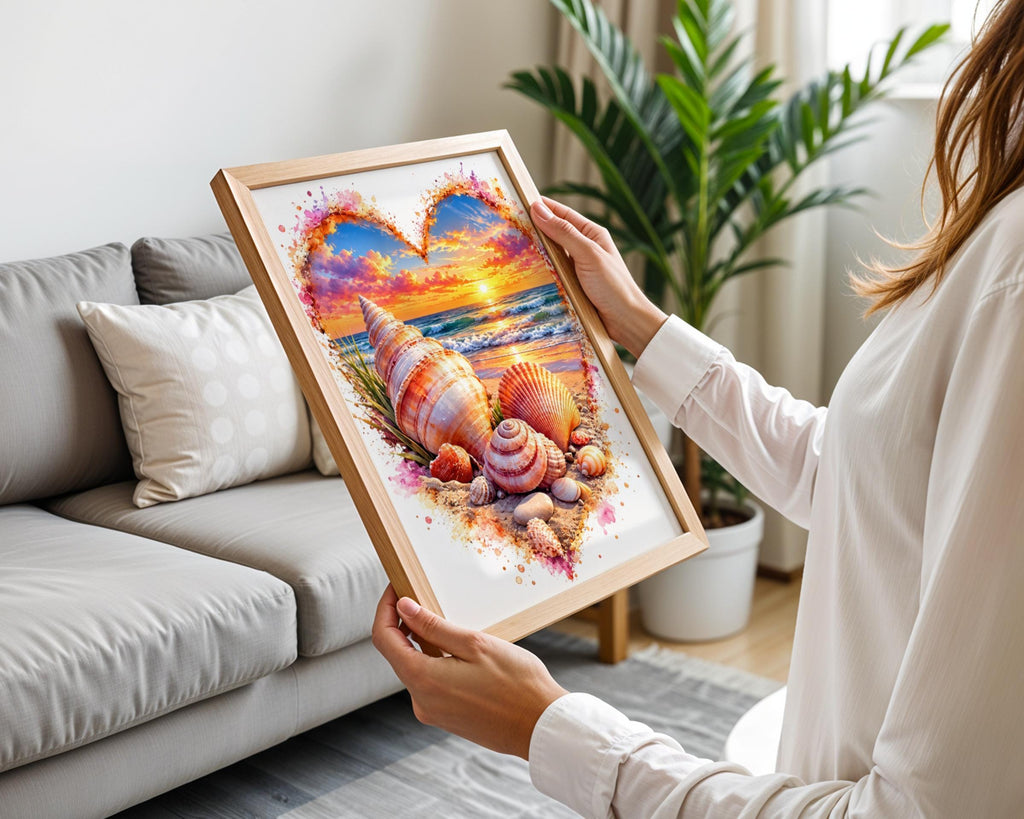 Seashell Heart Sunset Beach Poster, Watercolour Coastal Wall Art Print (Digital Download)
