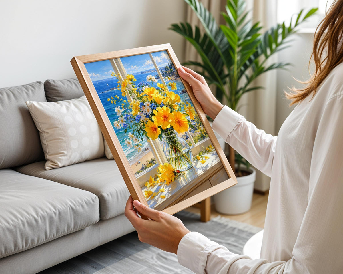 Coastal Floral Bouquet Print, Yellow Cosmos, Sea View Wall Art (Digital Download)
