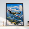 Spitfire RAF Fighter Plane Print, WWII Aerial Landscape, British Aviation Art (A4)