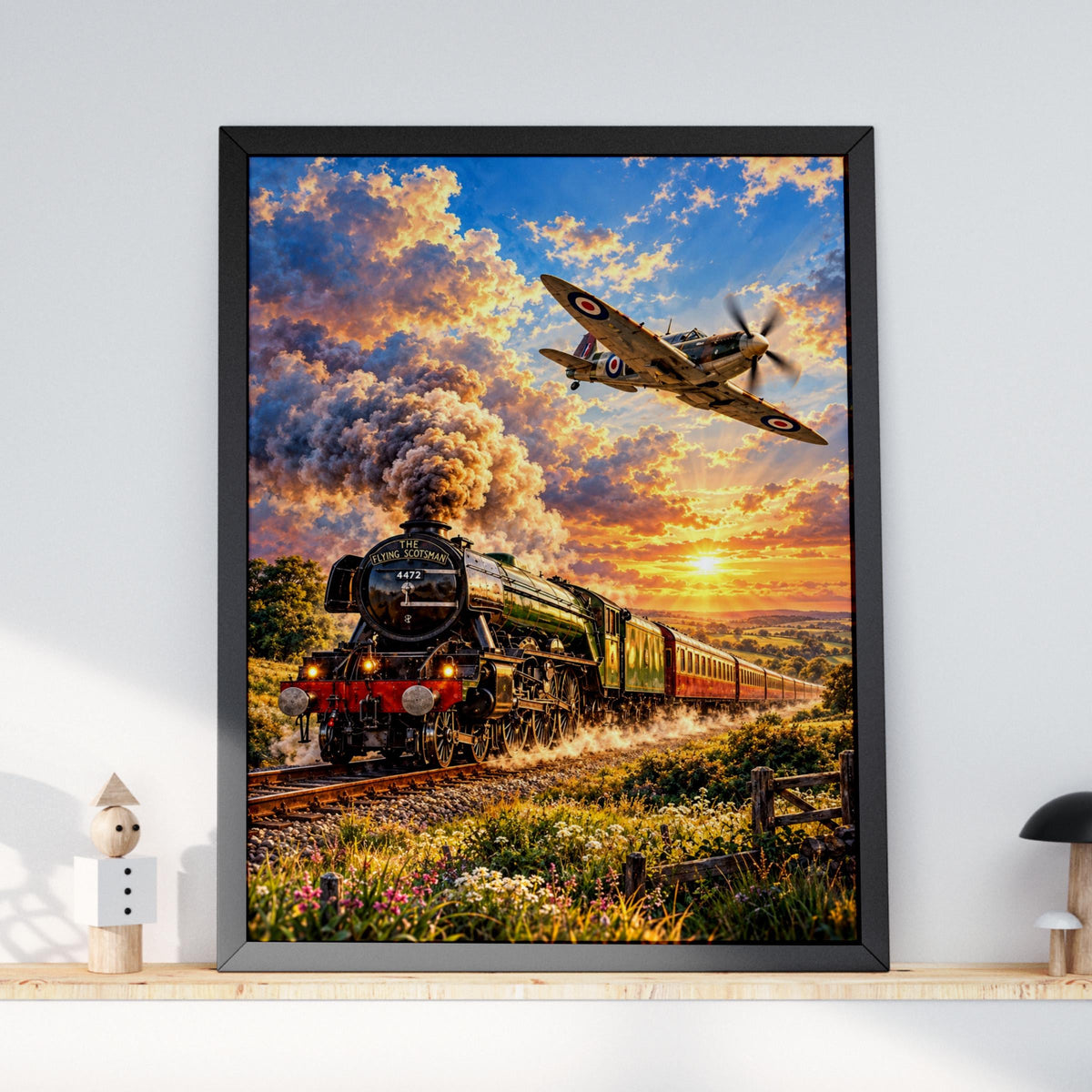 Flying Scotsman Train & Spitfire Print, British Icons, Sunset Landscape (Wall Art)