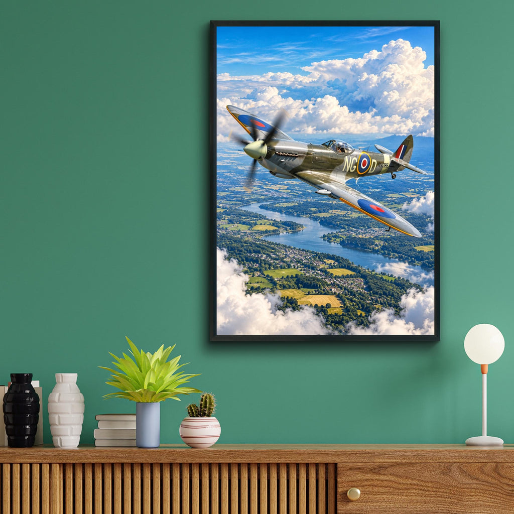 Spitfire RAF Fighter Plane Print, WWII Aerial Landscape, British Aviation Art (A4)