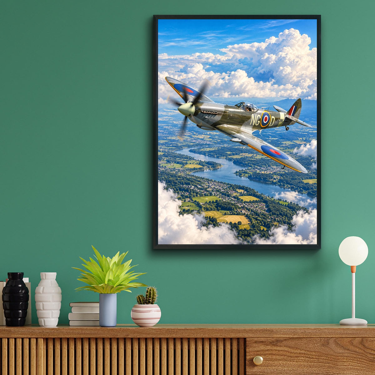 Spitfire RAF Fighter Plane Print, WWII Aerial Landscape, British Aviation Art (A4)