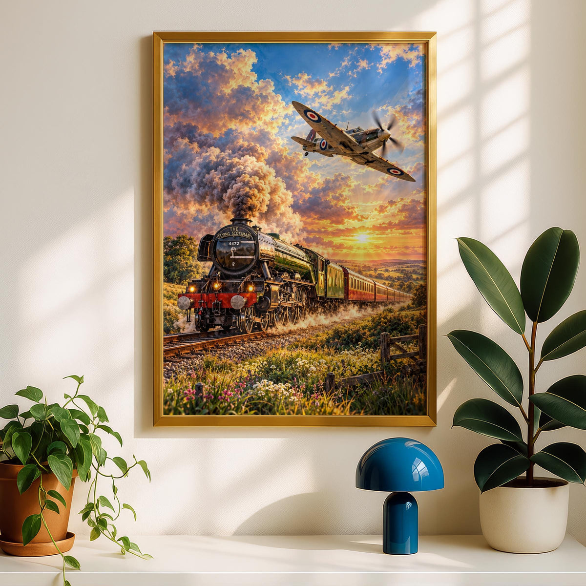 Flying Scotsman Train & Spitfire Print, British Icons, Sunset Landscape (Wall Art)