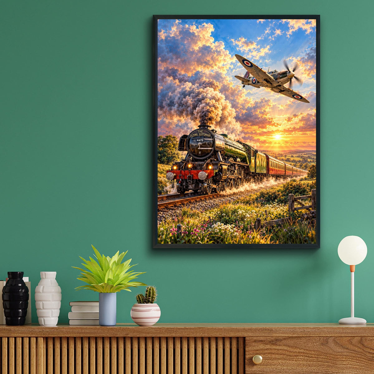 Flying Scotsman Train & Spitfire Print, British Icons, Sunset Landscape (Wall Art)