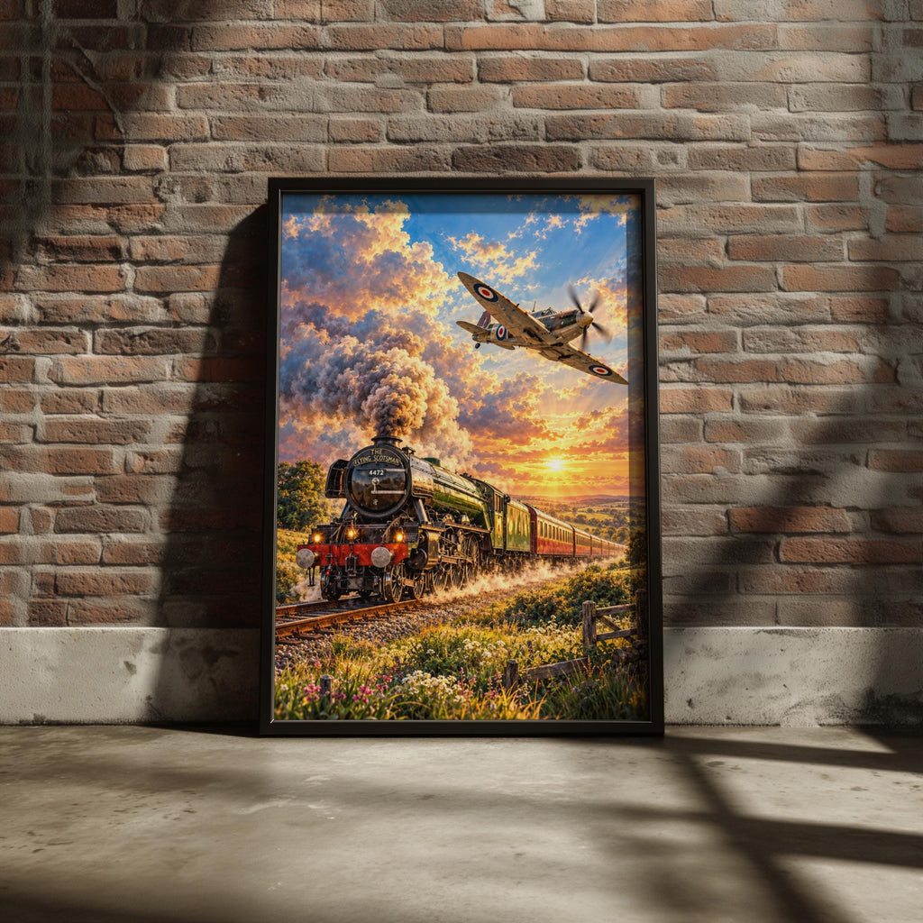 Flying Scotsman Train & Spitfire Print, British Icons, Sunset Landscape (Wall Art)