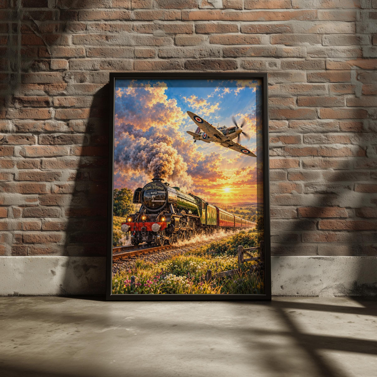 Flying Scotsman Train & Spitfire Print, British Icons, Sunset Landscape (Wall Art)