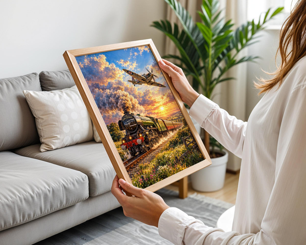 Flying Scotsman Train & Spitfire Print, British Icons, Sunset Landscape (Wall Art)