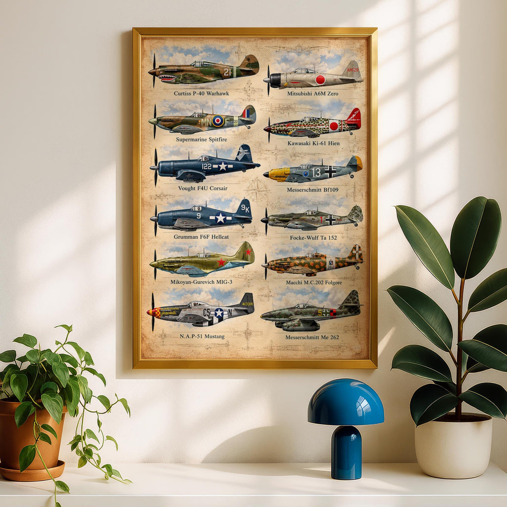 WWII Fighter Aircraft Chart Poster, 12 Iconic Warplanes, Aviation History Art (Physical Print)