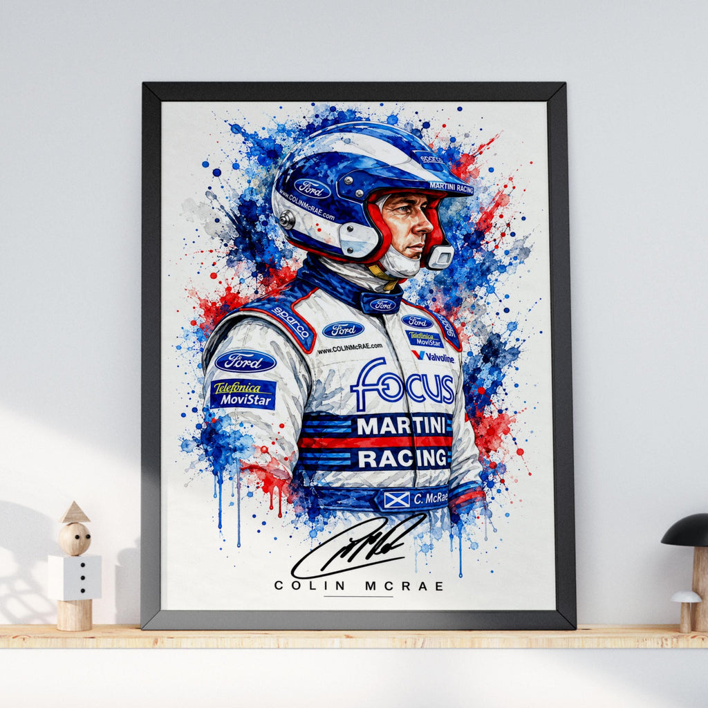 Colin McRae Martini Racing Poster, Ford Focus WRC Watercolour Splash Art (A4)