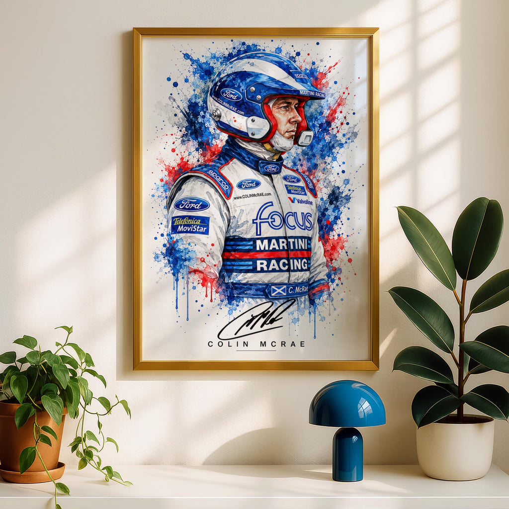 Colin McRae Martini Racing Poster, Ford Focus WRC Watercolour Splash Art (A4)