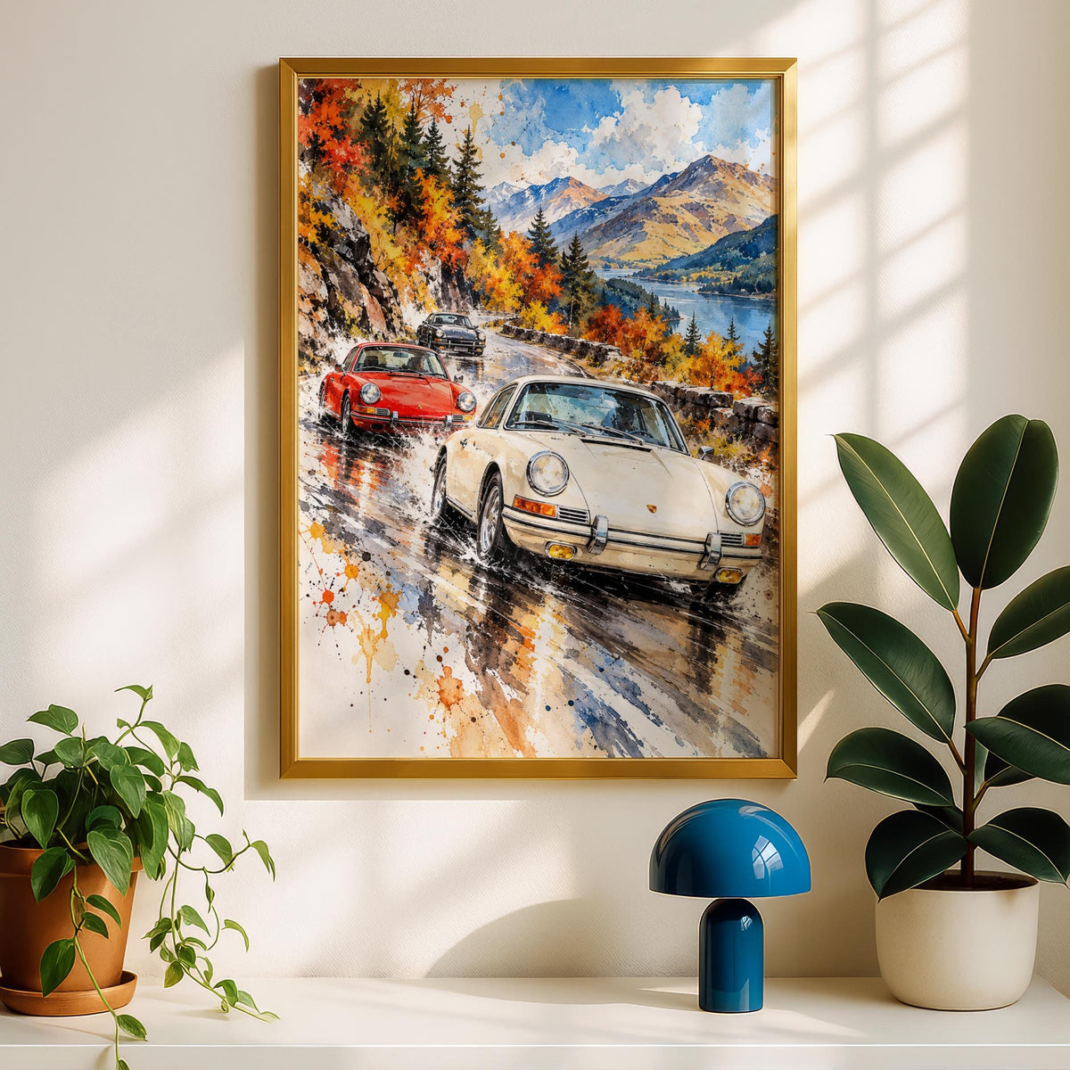 Vintage Sports Cars Watercolour Print, Autumn Mountain Road, Classic Car Poster