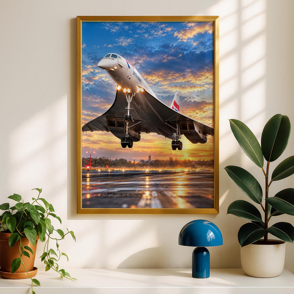 Concorde Takeoff Poster, British Airways Supersonic Jet, Sunset Runway (Aviation Print)