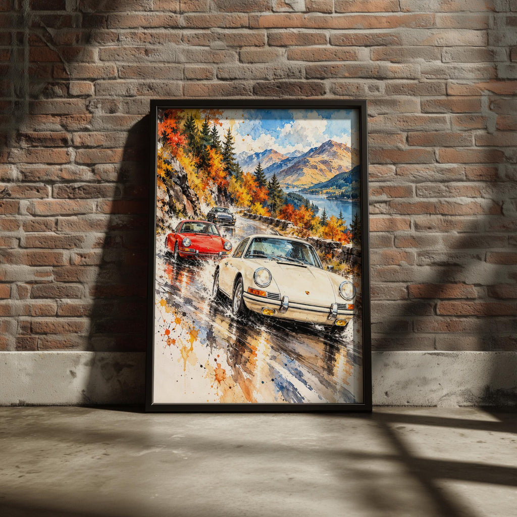 Vintage Sports Cars Watercolour Print, Autumn Mountain Road, Classic Car Poster
