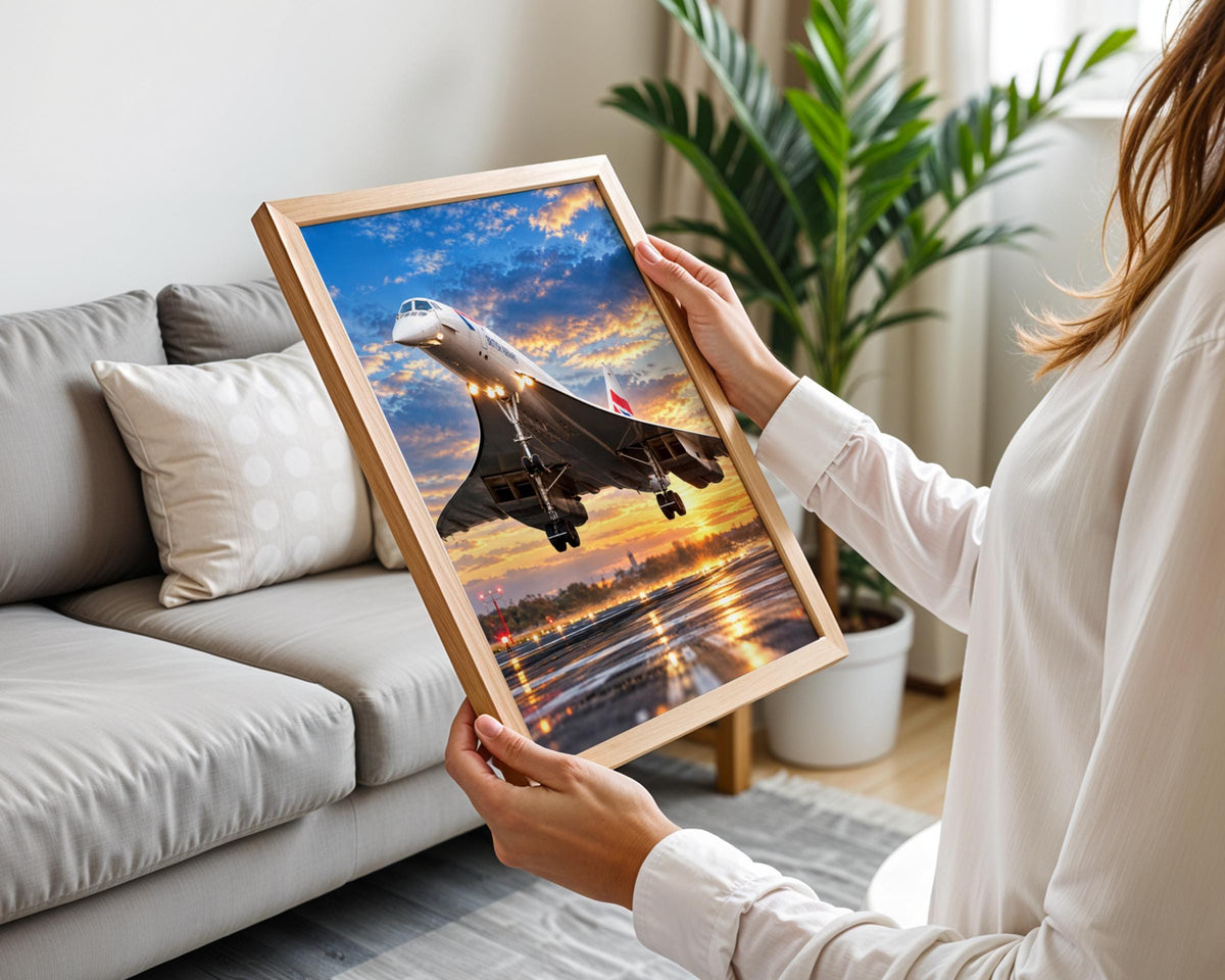 Concorde Takeoff Poster, British Airways Supersonic Jet, Sunset Runway (Aviation Print)