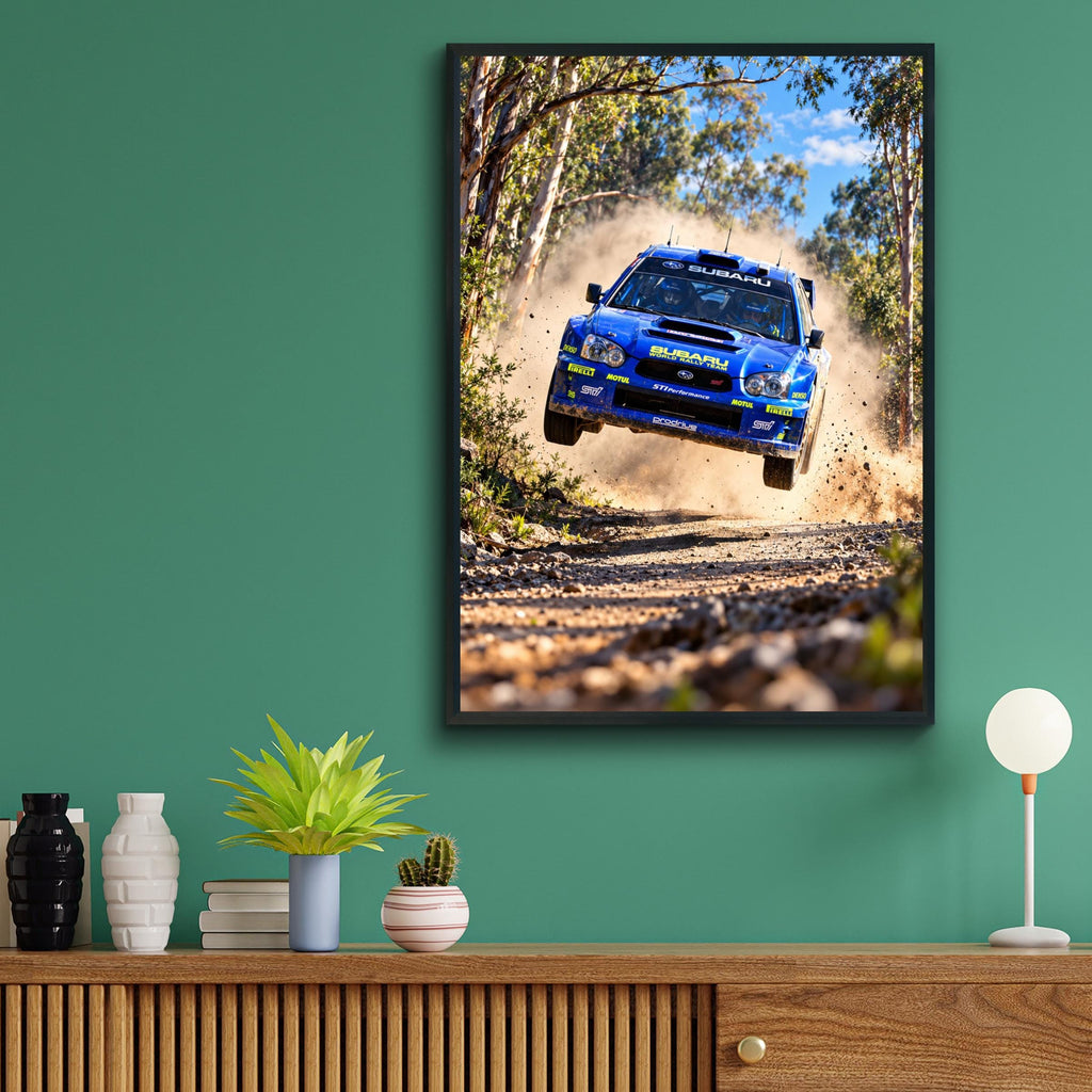Blue Subaru WRC Rally Car Jump Poster, Dirt Track Action, Motorsport Wall Art (Print)
