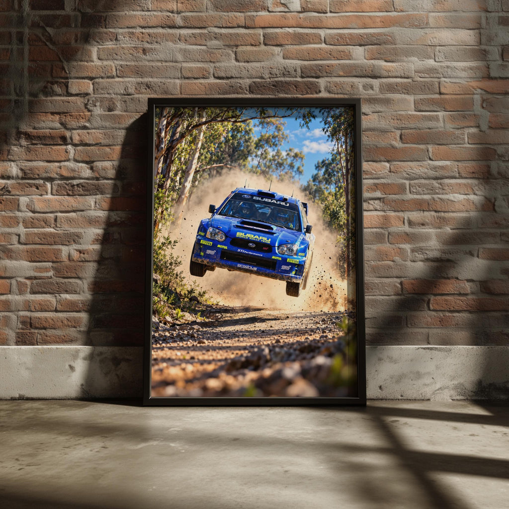 Blue Subaru WRC Rally Car Jump Poster, Dirt Track Action, Motorsport Wall Art (Print)