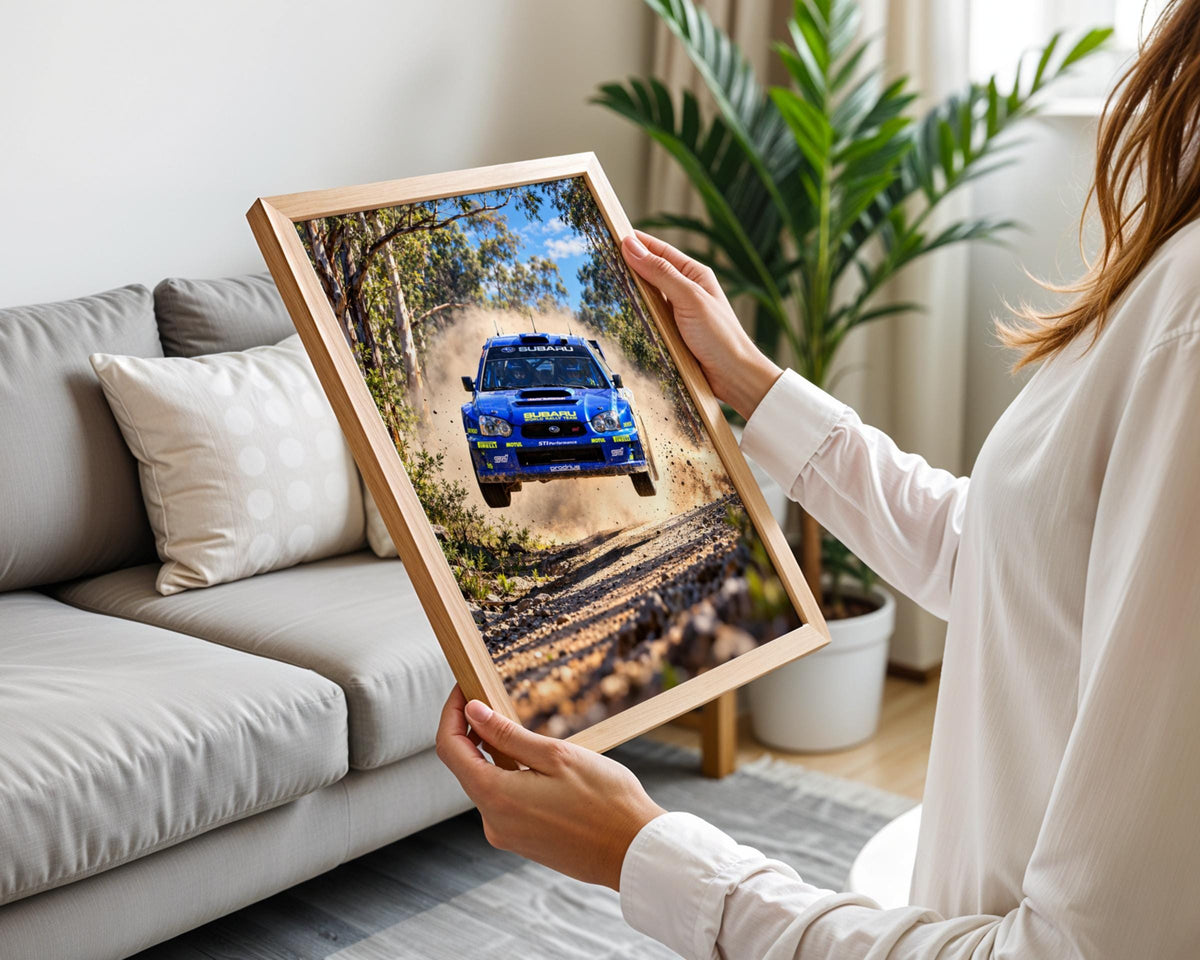Blue Subaru WRC Rally Car Jump Poster, Dirt Track Action, Motorsport Wall Art (Print)