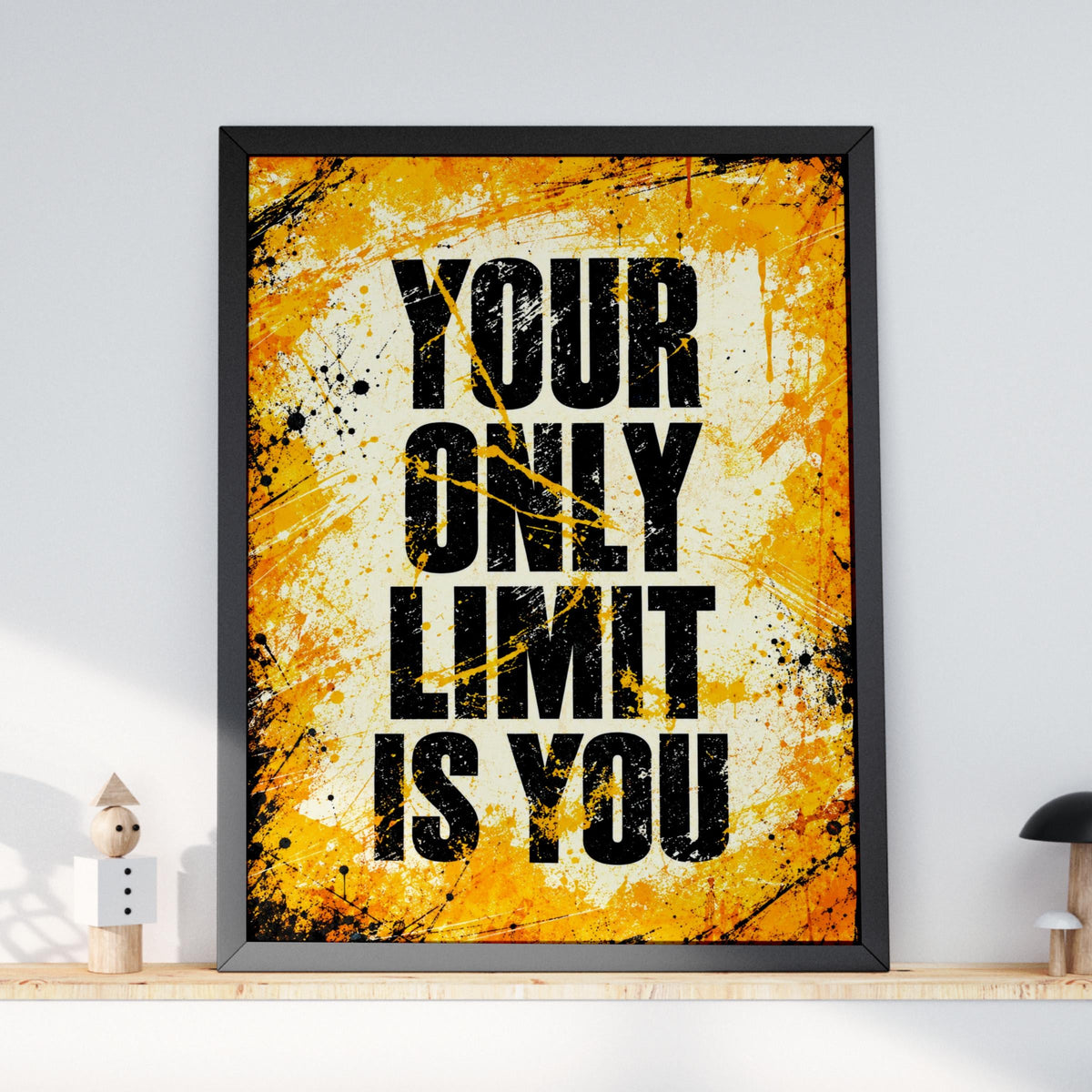 Your Only Limit Is You Motivational Poster, Bold Grunge Typography, Yellow Black Gym Decor