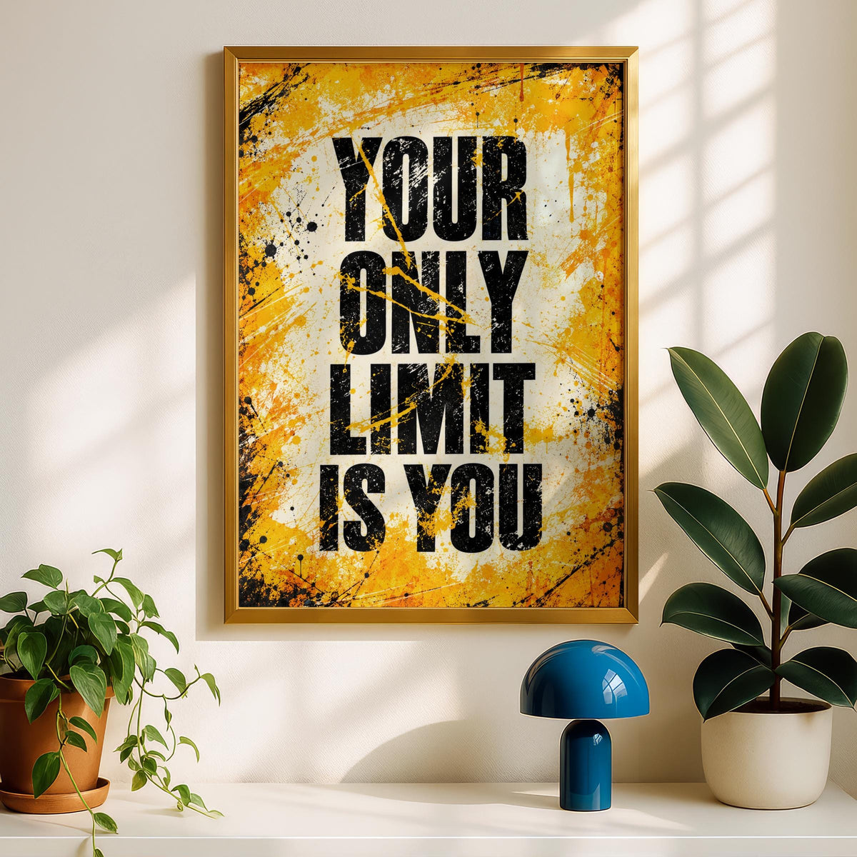 Your Only Limit Is You Motivational Poster, Bold Grunge Typography, Yellow Black Gym Decor