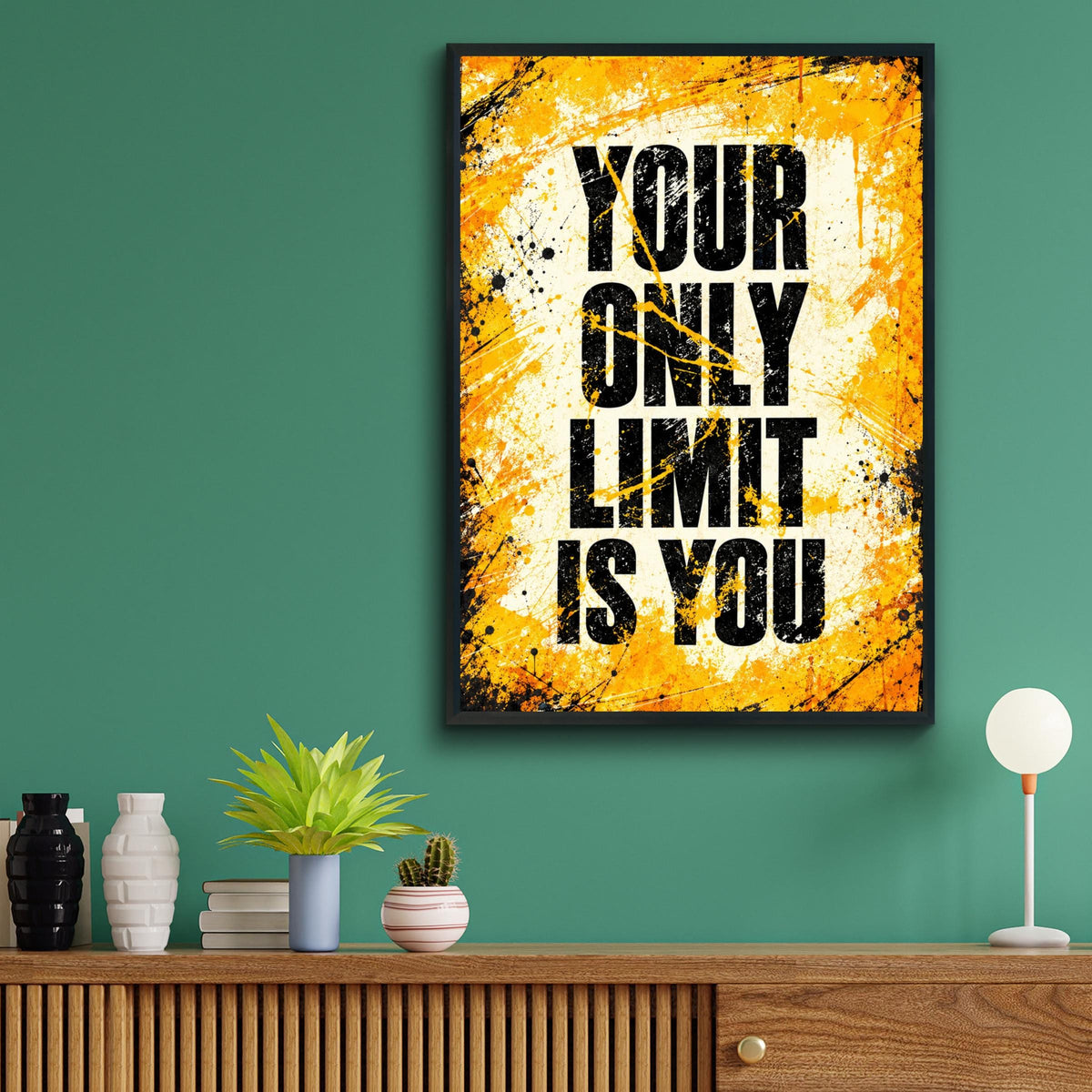 Your Only Limit Is You Motivational Poster, Bold Grunge Typography, Yellow Black Gym Decor