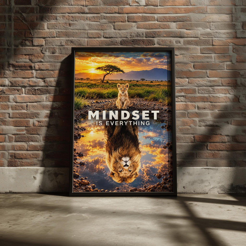 Mindset Is Everything Lion Cub Poster, Motivational Wall Art, Safari Sunset Print (300 DPI)