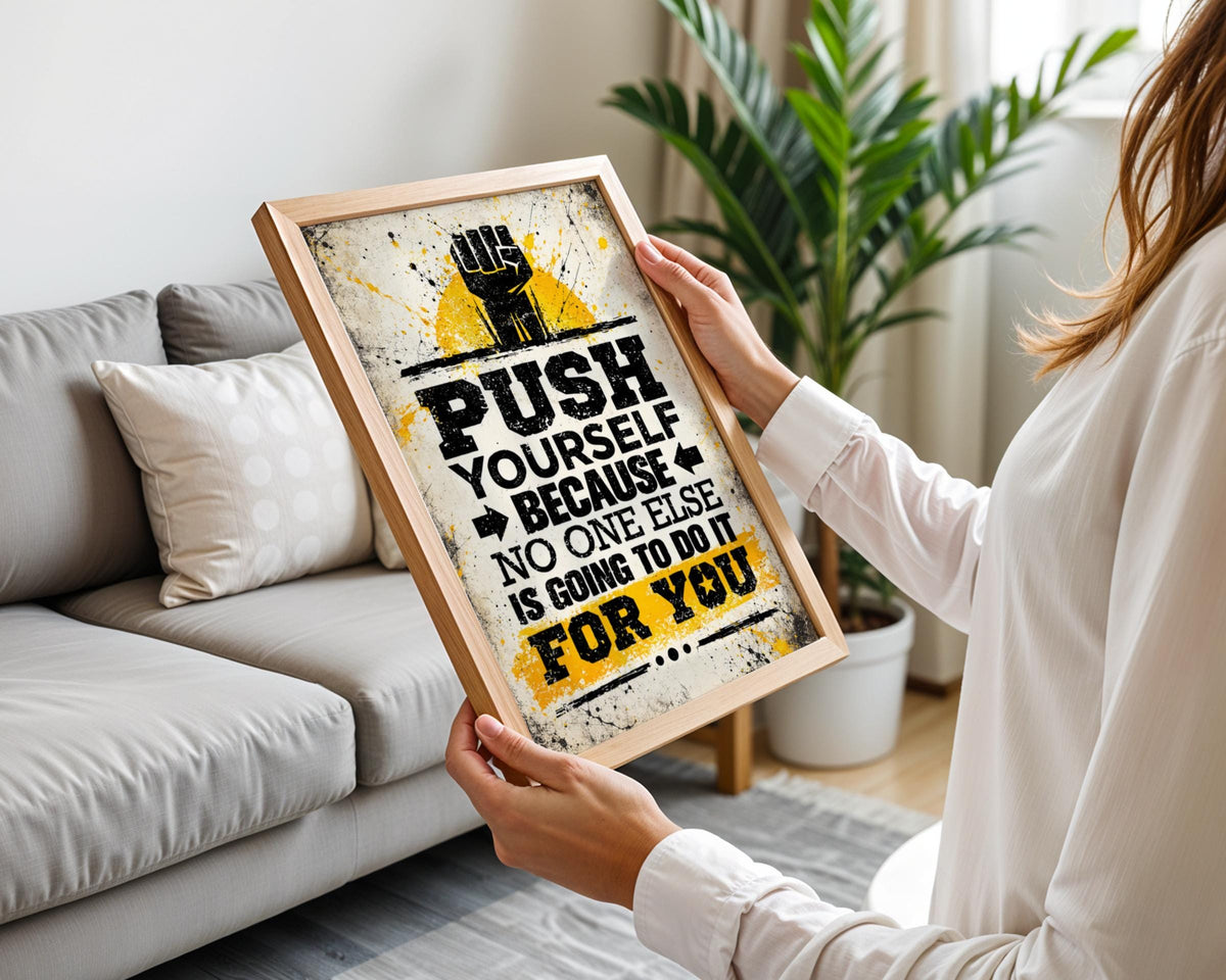 Push Yourself Motivational Poster, Grunge Gym Quote, Black Yellow Wall Art (A4)