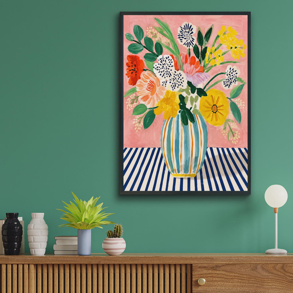 Maximalist Floral Vase Wall Art Print, Bold Blooms, Pink Background (A4)