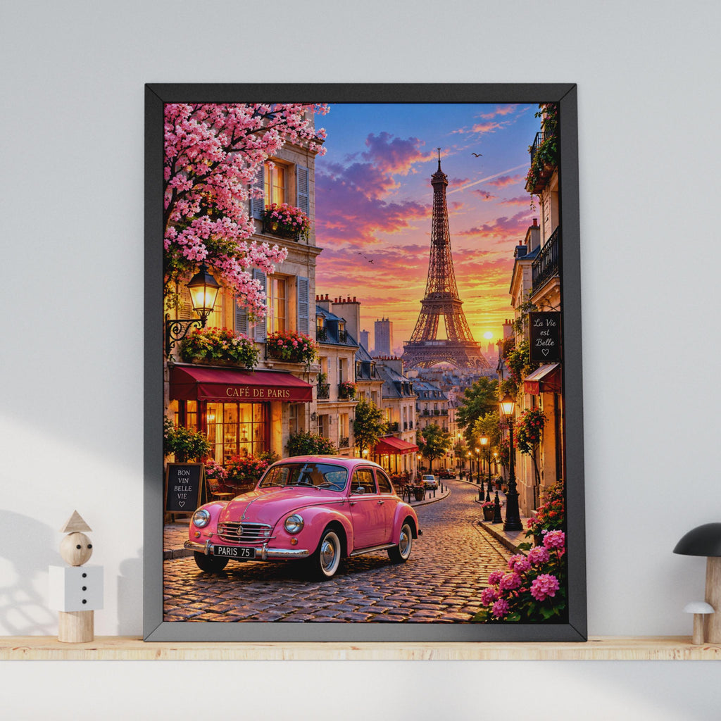 Paris Sunset Poster, Pink Car, Eiffel Tower, Cafe de Paris (Print)
