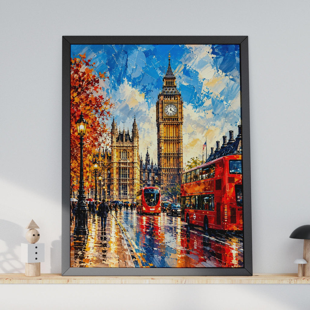 London Big Ben Print, Red Bus, Autumn Street Scene, Oil Painting Style Poster